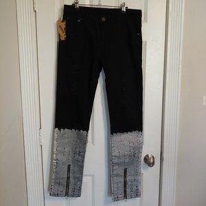 DSDZ Black & Silver Streetwear Punk Distressed Jeans Zippered Hems 34x31 NWT